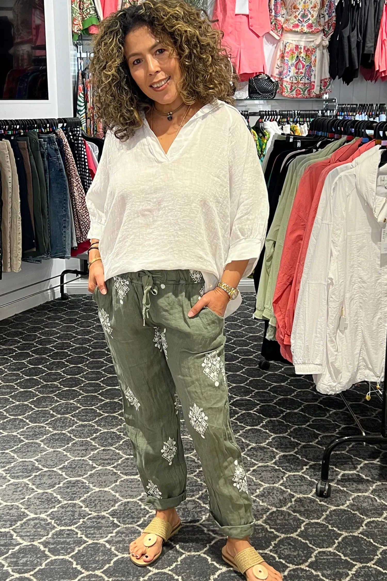 Discount Aztec Print Pants - Green - CG43 Linen Lovers|Ladies Pants