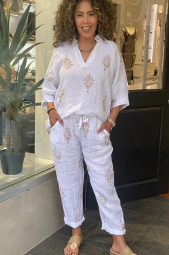 Aztec Print Pants - White - CG43 Linen Lovers|Ladies Pants