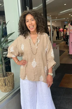 Clearance Aztec Print Top - Camel - CG44 Linen Lovers|Shirts & Tops