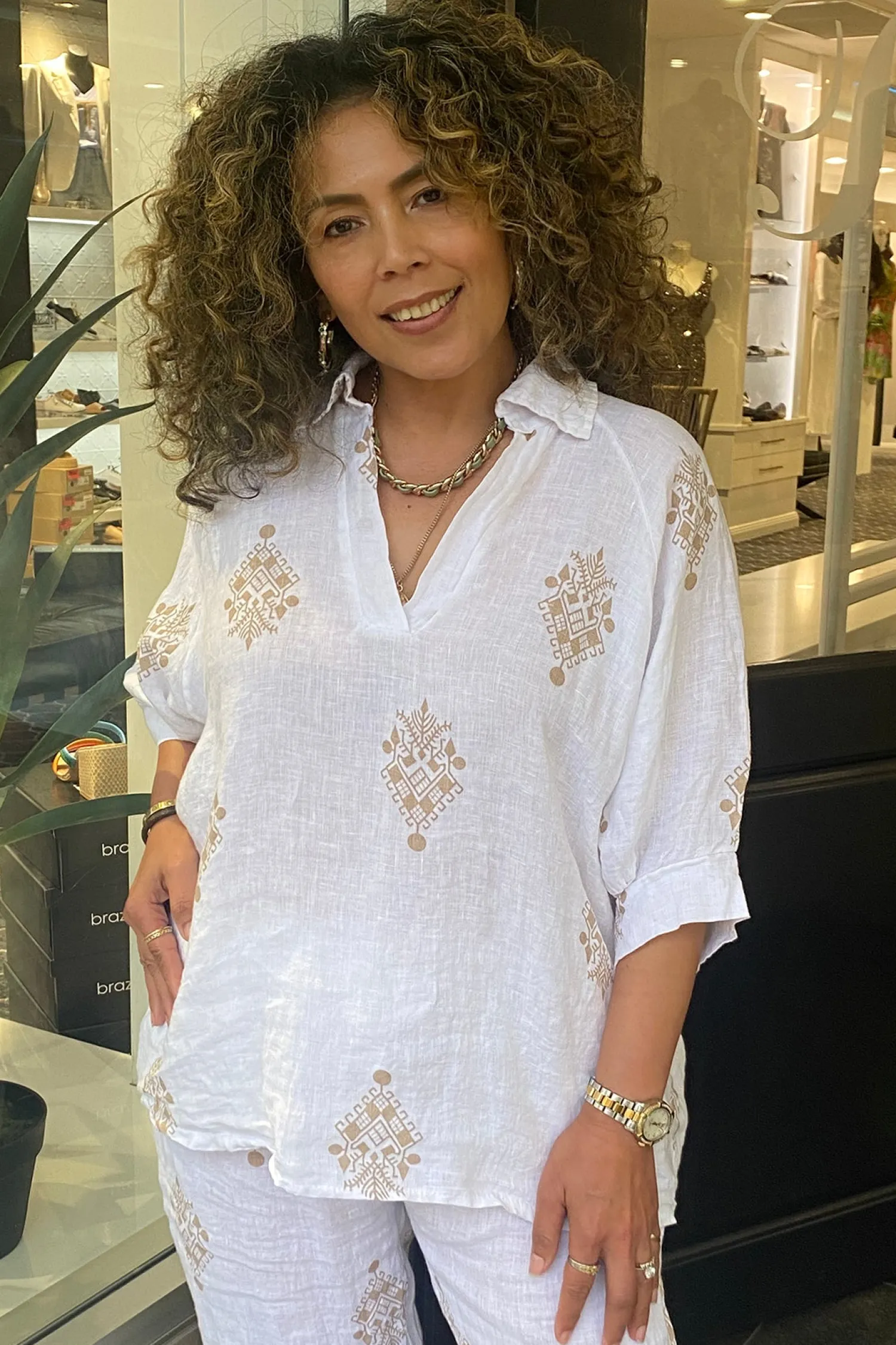 Clearance Aztec Print Top - White - CG44 Linen Lovers|Shirts & Tops