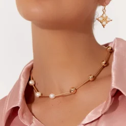 Sale Ball Pearl Half/Half Short Necklace - Cream/Gold - AD10 Jewellery