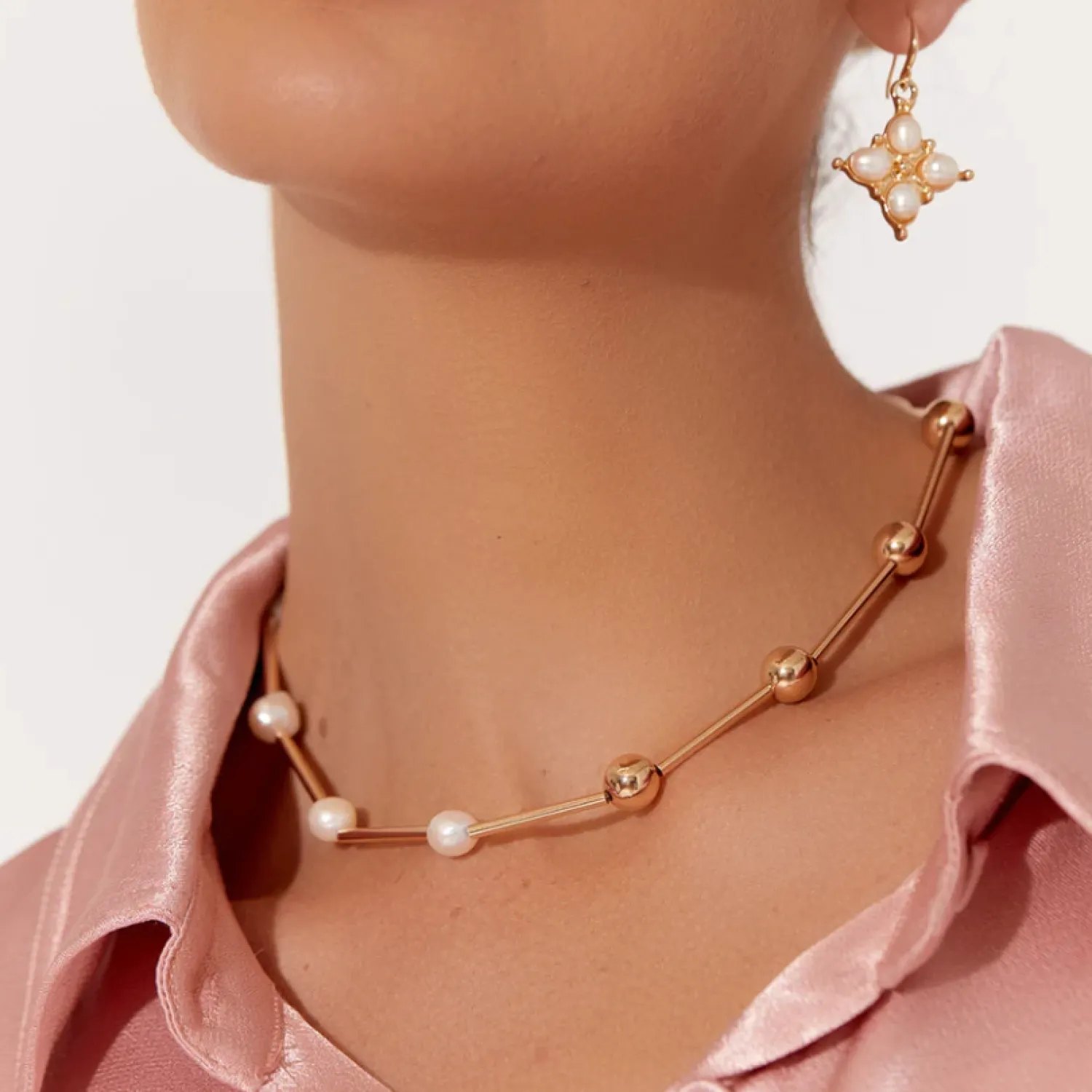 Sale Ball Pearl Half/Half Short Necklace - Cream/Gold - AD10 Jewellery