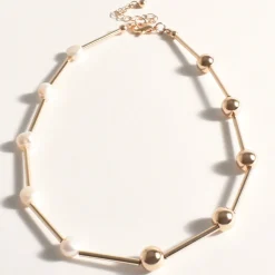 Sale Ball Pearl Half/Half Short Necklace - Cream/Gold - AD10 Jewellery