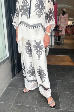 Clearance Blossom Print Pants - White/Black - CG37 Ladies Pants