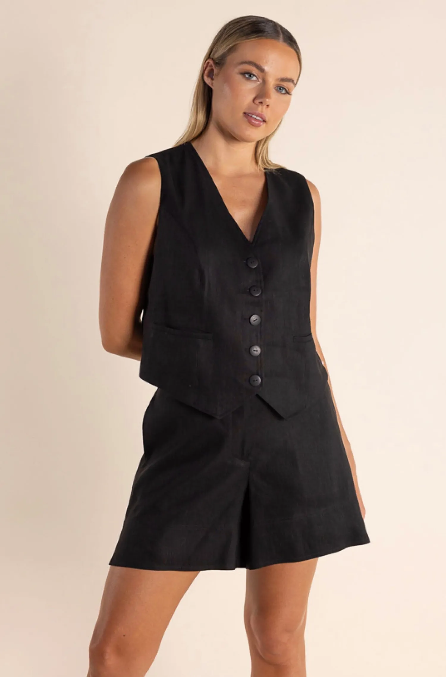 Discount Carol Linen Mix Vest - Black - TT46 Vests