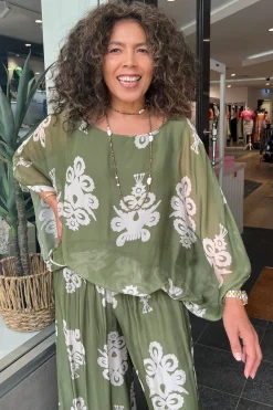 Outlet Clover Print Top - Khaki/Cream - CG36 Shirts & Tops