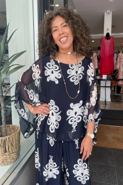 Hot Clover Print Top - Navy/Cream - CG36 Shirts & Tops