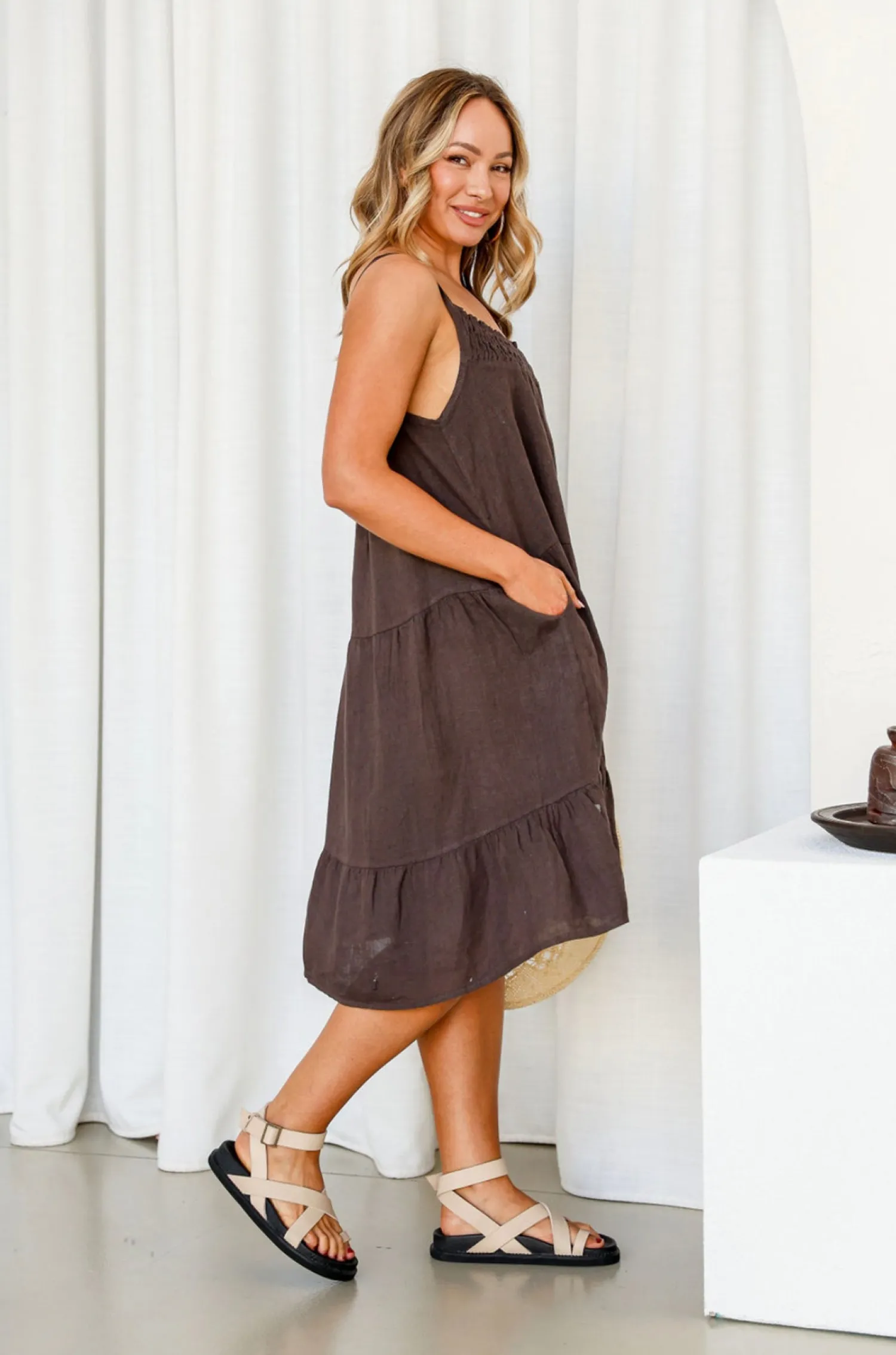 Online Flirty Dress - Chocolate - FA28 Linen Lovers|Dresses