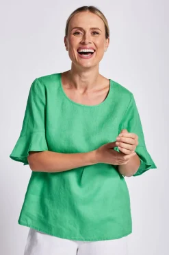 Online Flutter Sleeve Linen Top - Emerald - SS11 Linen Lovers|Shirts & Tops