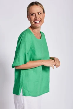 Online Flutter Sleeve Linen Top - Emerald - SS11 Linen Lovers|Shirts & Tops