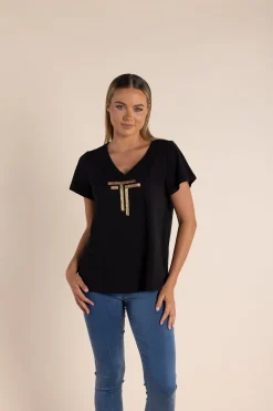 Gold Logo Sequin V-Neck Tee - Black - TT52 Shirts & Tops