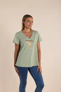 Clearance Gold Logo Sequin V-Neck Tee - Avocado - TT52 Shirts & Tops