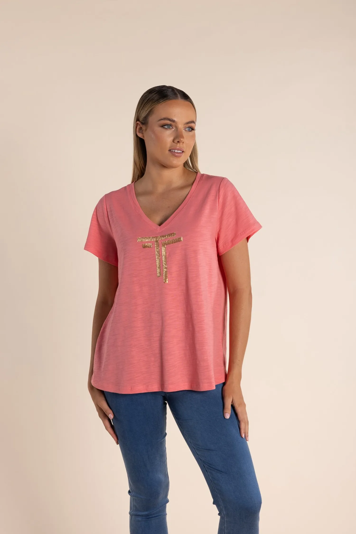 Best Gold Logo Sequin V-Neck Tee - Coral - TT52 Shirts & Tops