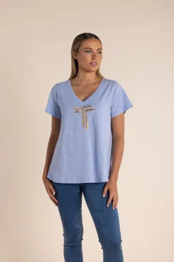 Sale Gold Logo Sequin V-Neck Tee - Sky - TT52 Shirts & Tops