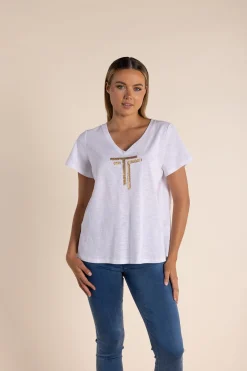 Hot Gold Logo Sequin V-Neck Tee - White - TT52 Shirts & Tops