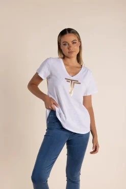 Hot Gold Logo Sequin V-Neck Tee - White - TT52 Shirts & Tops