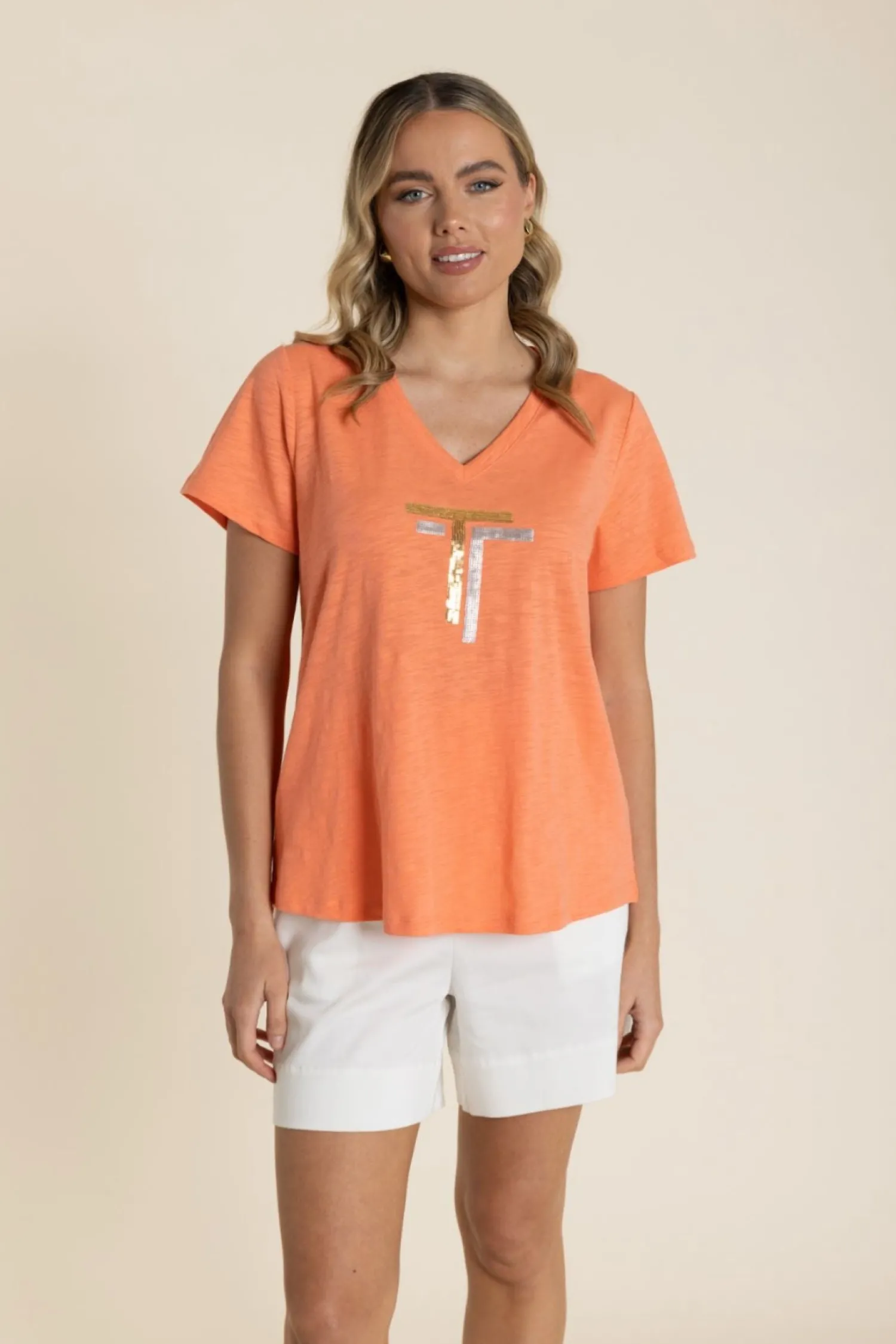 Online Gold/Silver Logo Sequin V-Neck Tee - Tangelo - TT60 Shirts & Tops