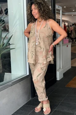 Sale Holly Print Shoe-String Top - Camel - CG41 Linen Lovers|Shirts & Tops