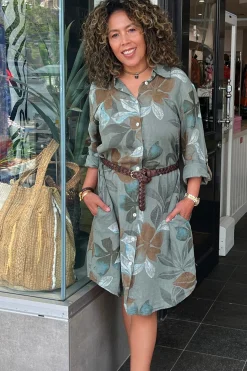 New Lily Leaf Print Shirt Dress - Khaki - CG39 Linen Lovers|Dresses