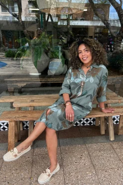 New Lily Leaf Print Shirt Dress - Khaki - CG39 Linen Lovers|Dresses