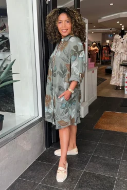 New Lily Leaf Print Shirt Dress - Khaki - CG39 Linen Lovers|Dresses