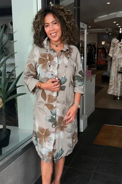 Lily Leaf Print Shirt Dress - Natural - CG39 Linen Lovers|Dresses