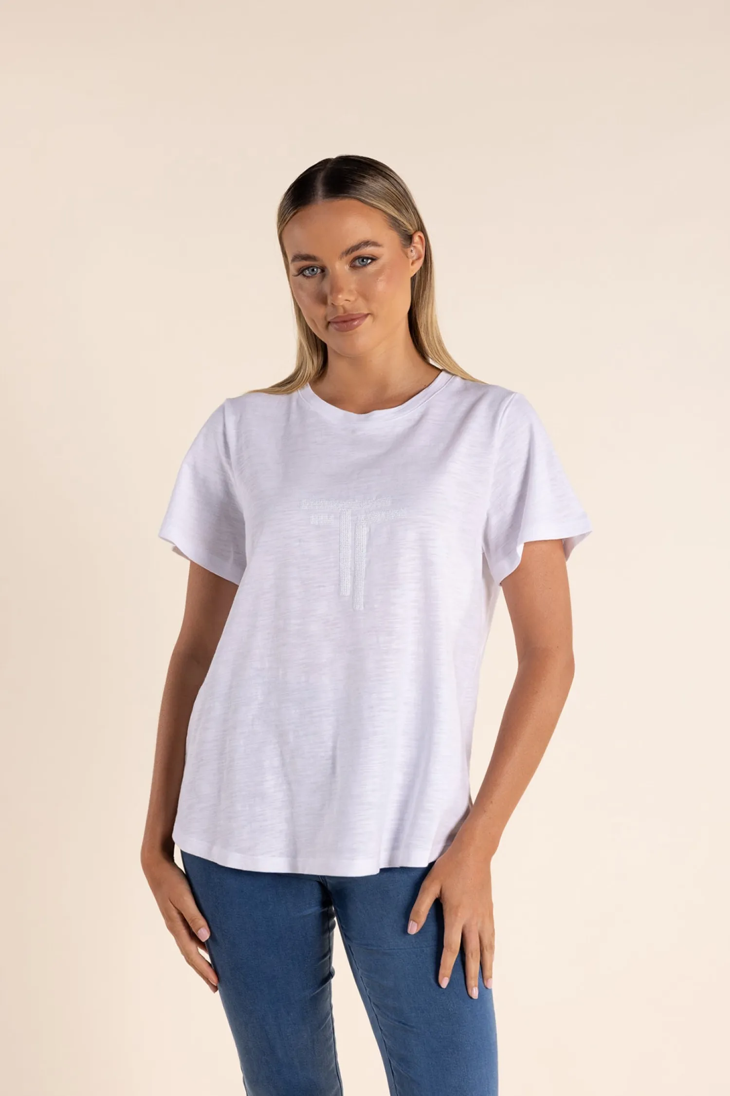 Online Logo Sequin Crew Tee - White - TT53 Shirts & Tops