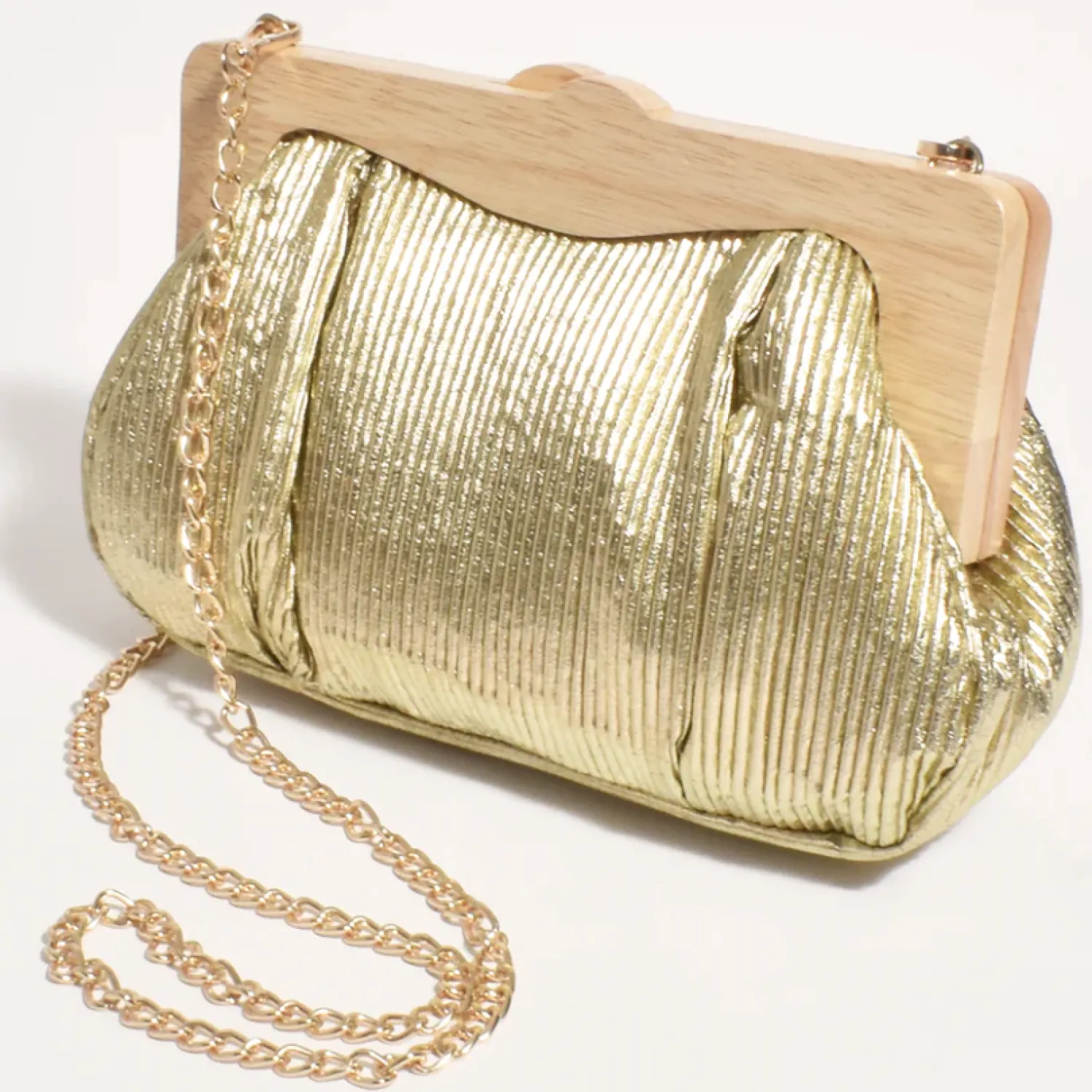 Sale Mira Metallic Pleated Timber Frame Clutch - Gold - AD15 Handbags