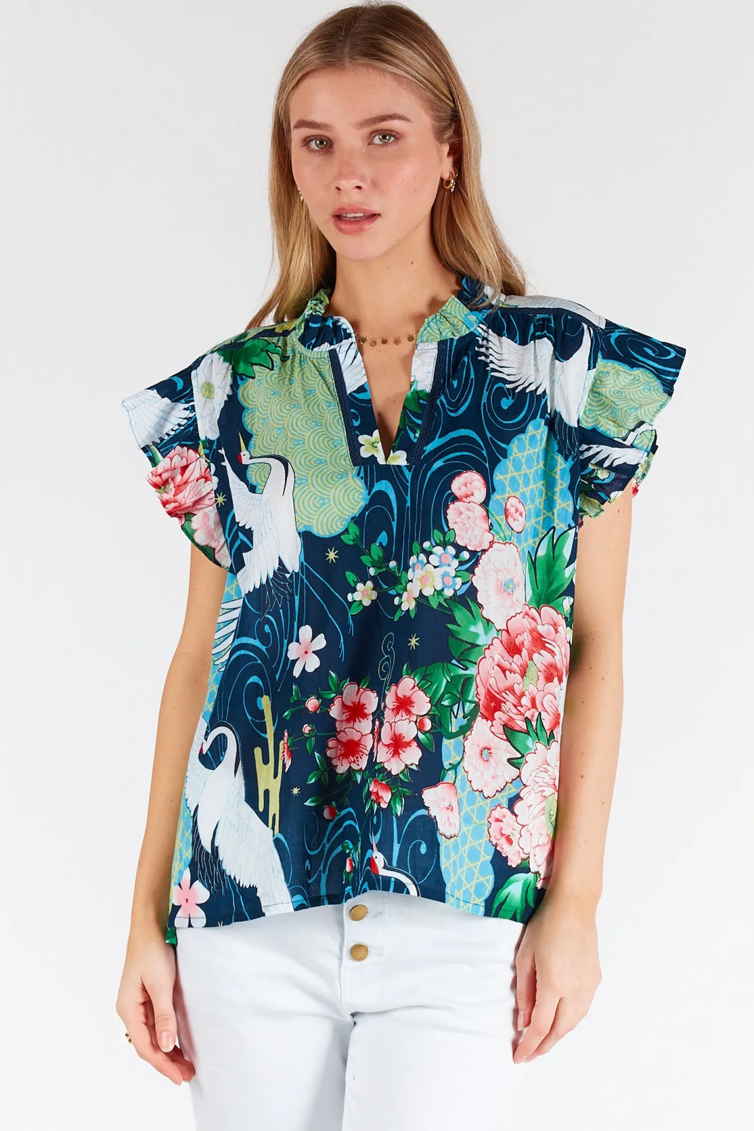 Clearance Mitzuki Ruffle Top - Navy - LL41 Shirts & Tops