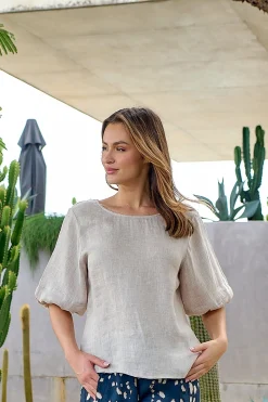 Sale Round Neck Linen Top - Dune - OJ28 Shirts & Tops