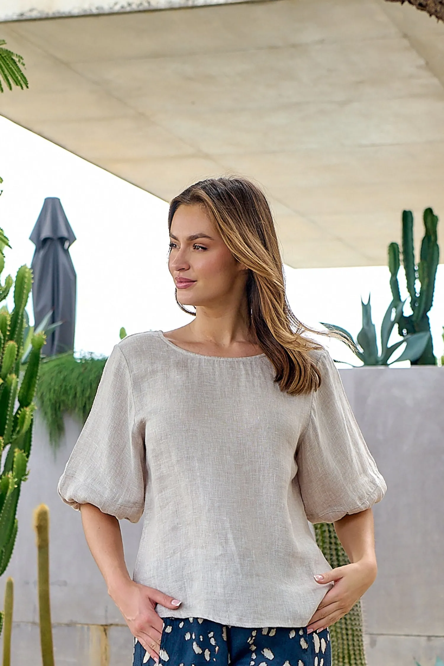 Sale Round Neck Linen Top - Dune - OJ28 Shirts & Tops