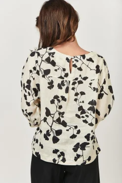 Sale Round Neck Linen Top - Gingko Print - OJ13 Linen Lovers|Shirts & Tops