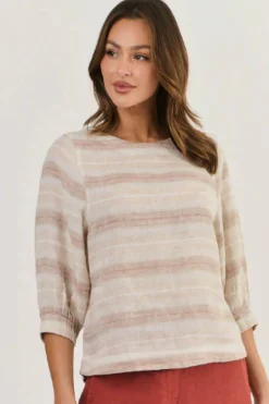 Discount Round Neck Linen Top - Travertime - OJ13 Shirts & Tops