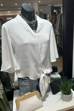 New Satin V-Neck Top with Front Tie - Vanilla - JR4 Shirts & Tops