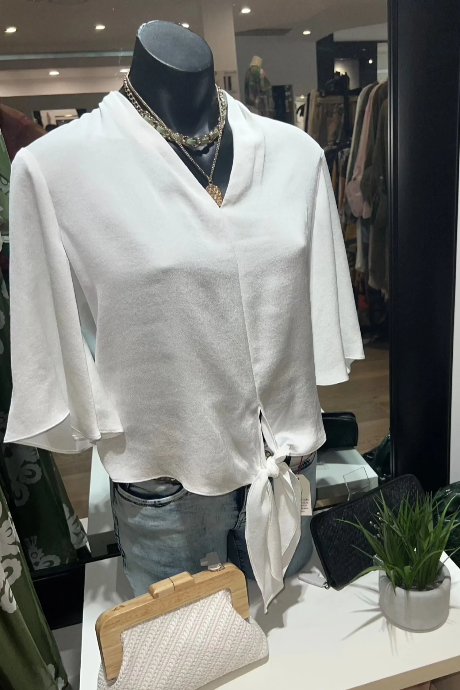 New Satin V-Neck Top with Front Tie - Vanilla - JR4 Shirts & Tops