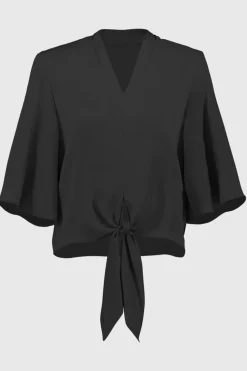 Sale Satin V-Neck Top with Front Tie - Black - JR4 Shirts & Tops