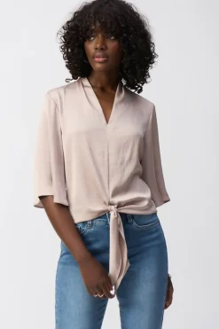 Best Satin V-Neck Top with Front Tie - Parchment - JR4 Shirts & Tops