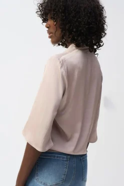 Best Satin V-Neck Top with Front Tie - Parchment - JR4 Shirts & Tops