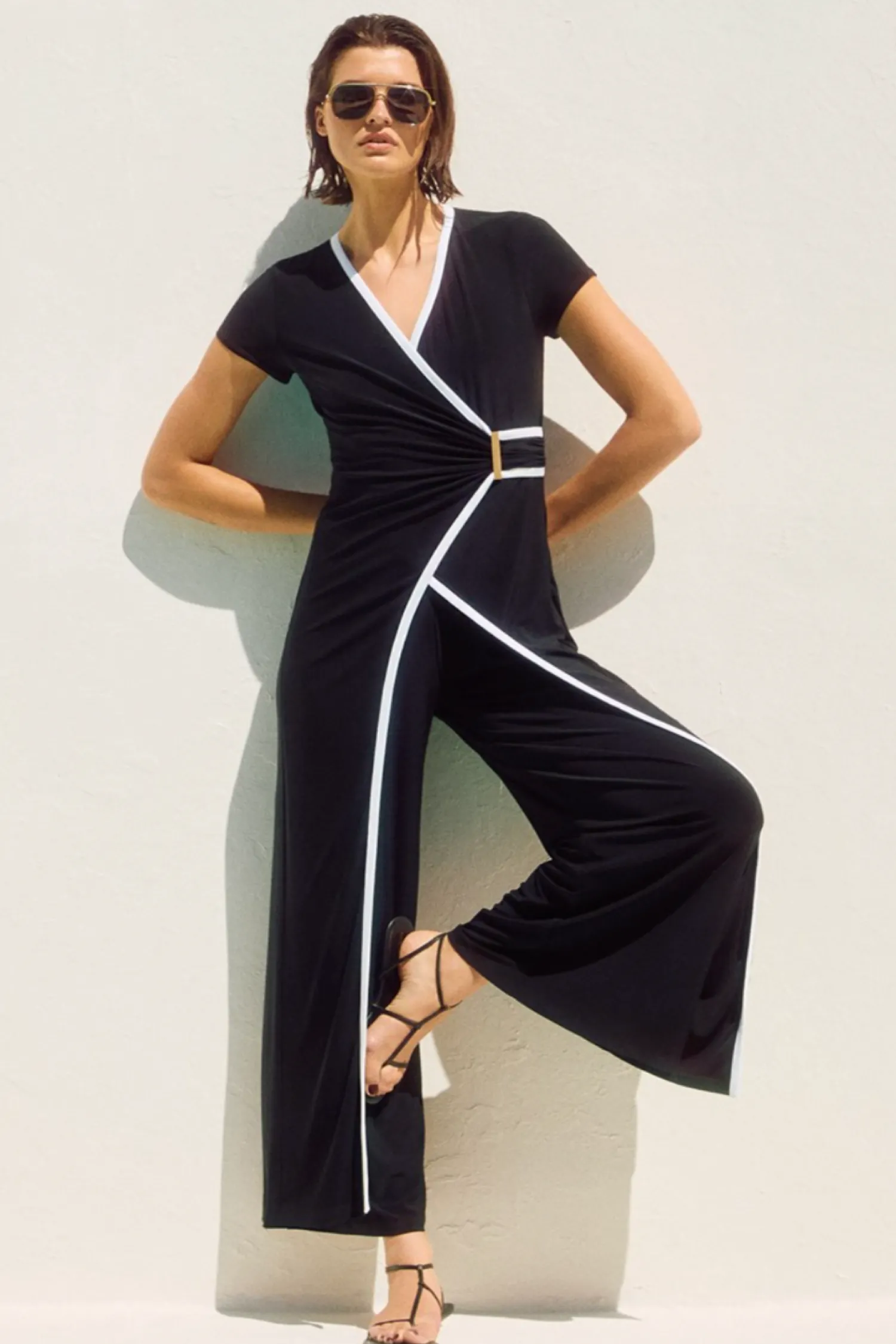 Outlet Silky Knit Culotte Jumpsuit - Black/Vanilla - JR44 Jumpsuits
