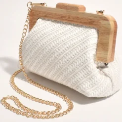 New Tessa Diagonal Weave Timber Frame Clutch - White - AD14 Handbags