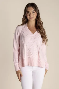 New Tyra V Neck Cable Sweater - Pale Pink - TT25 Jumpers & Knitwear