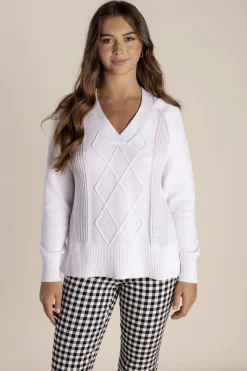 New Tyra V Neck Cable Sweater - White - TT25 Jumpers & Knitwear