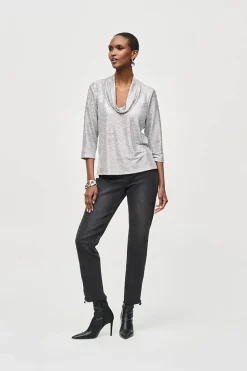 New Uma Foiled Cowl Neck Top - Silver - JR19 Shirts & Tops