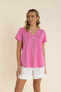Outlet Vertical Stripe Sequin Tee - French Pink - TT61 Shirts & Tops
