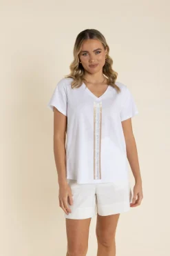New Vertical Stripe Sequin Tee - White - TT61 Shirts & Tops